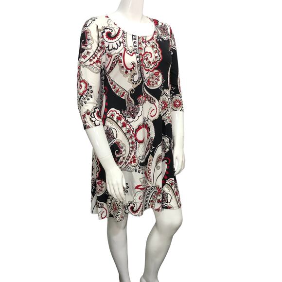 Chicos Womens Size 1 US 8 Shift Dress Stretch Paisley Knit Swing 3/4 Sleeves - Picture 10 of 15